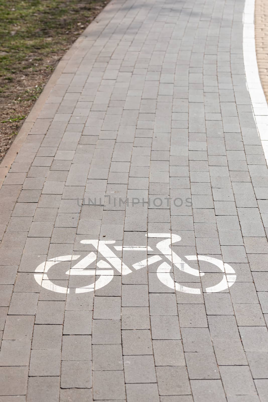 White bike path sign painted on a lane in the Natalka park of Kiev, Ukraine