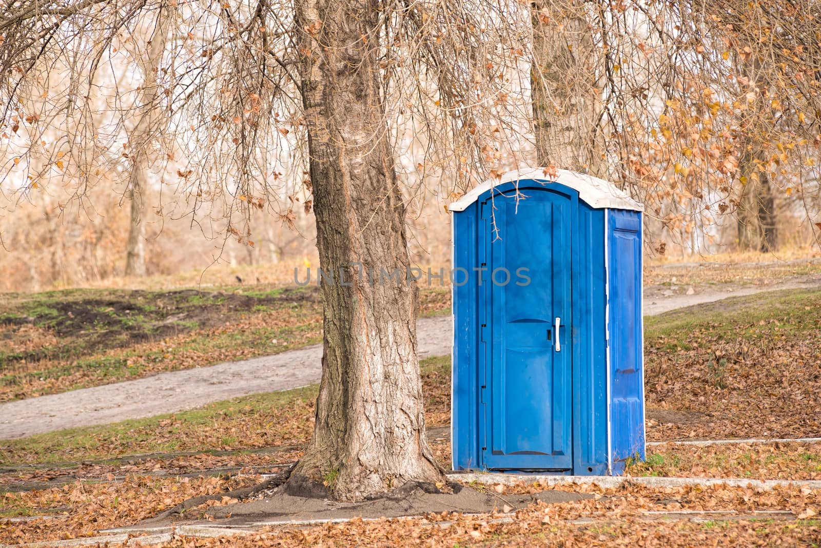 Blue outdoor chemical toilet in the park in winter