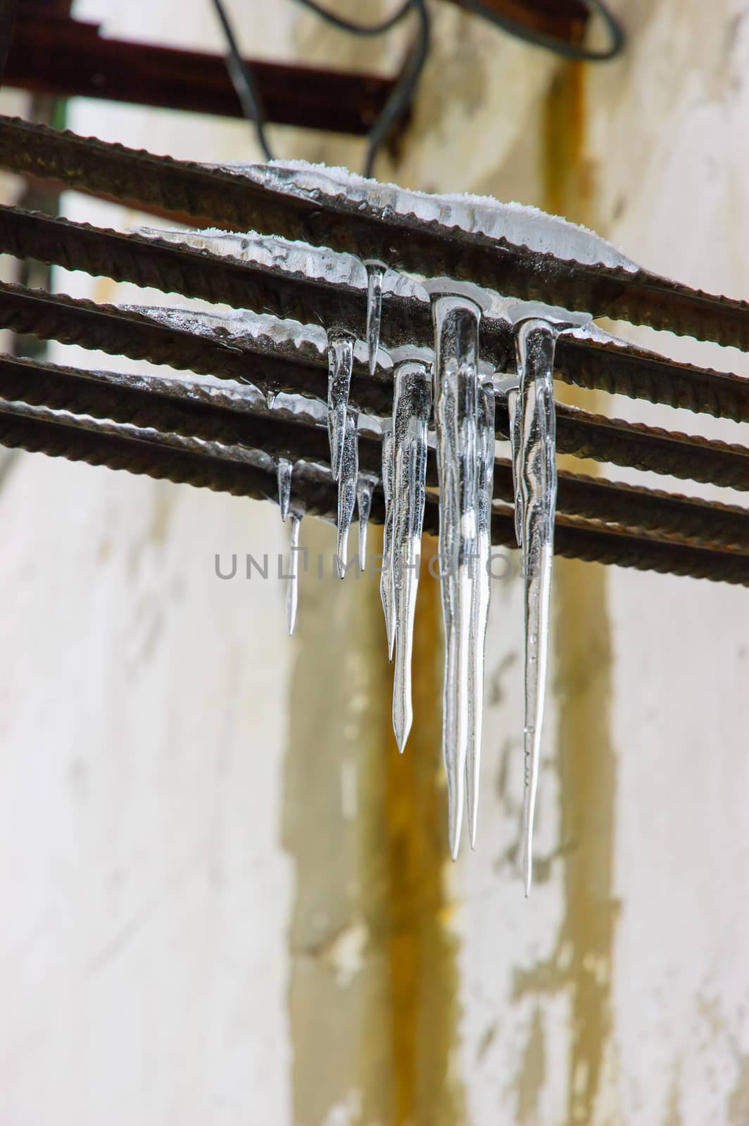 Water icicles dropping during the cold and gray winter