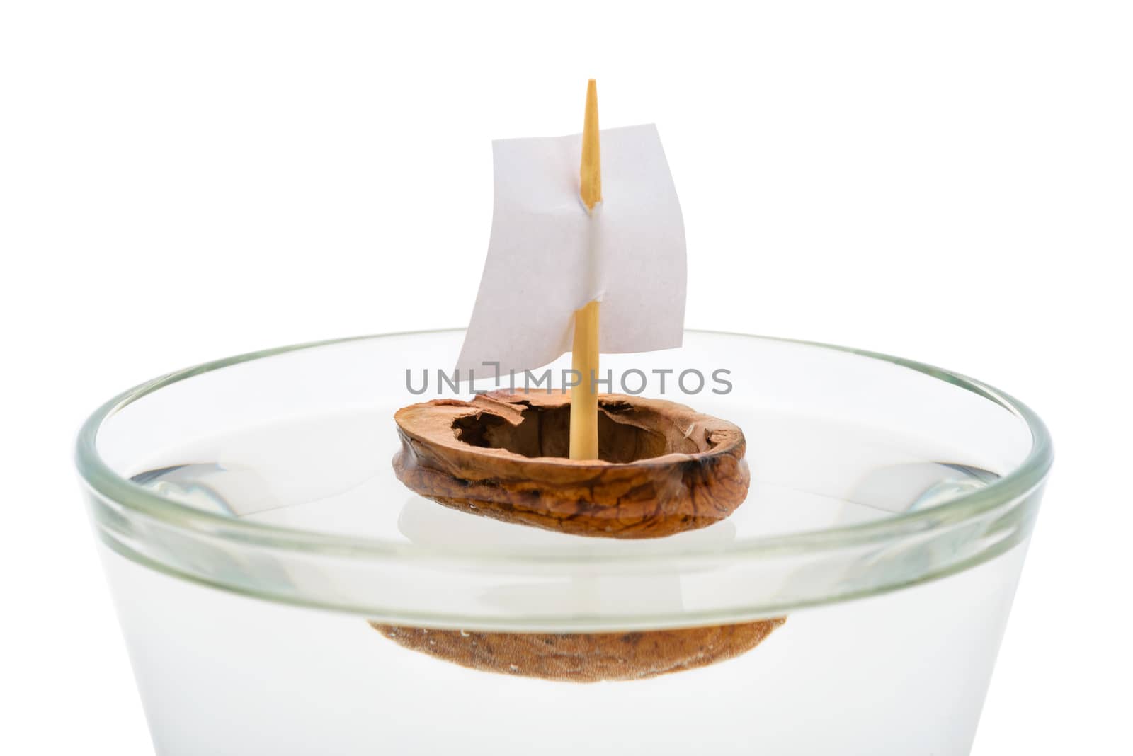 Macro of a walnut shell boat with a sail, floating in a transparent glass full of water or alcohol.