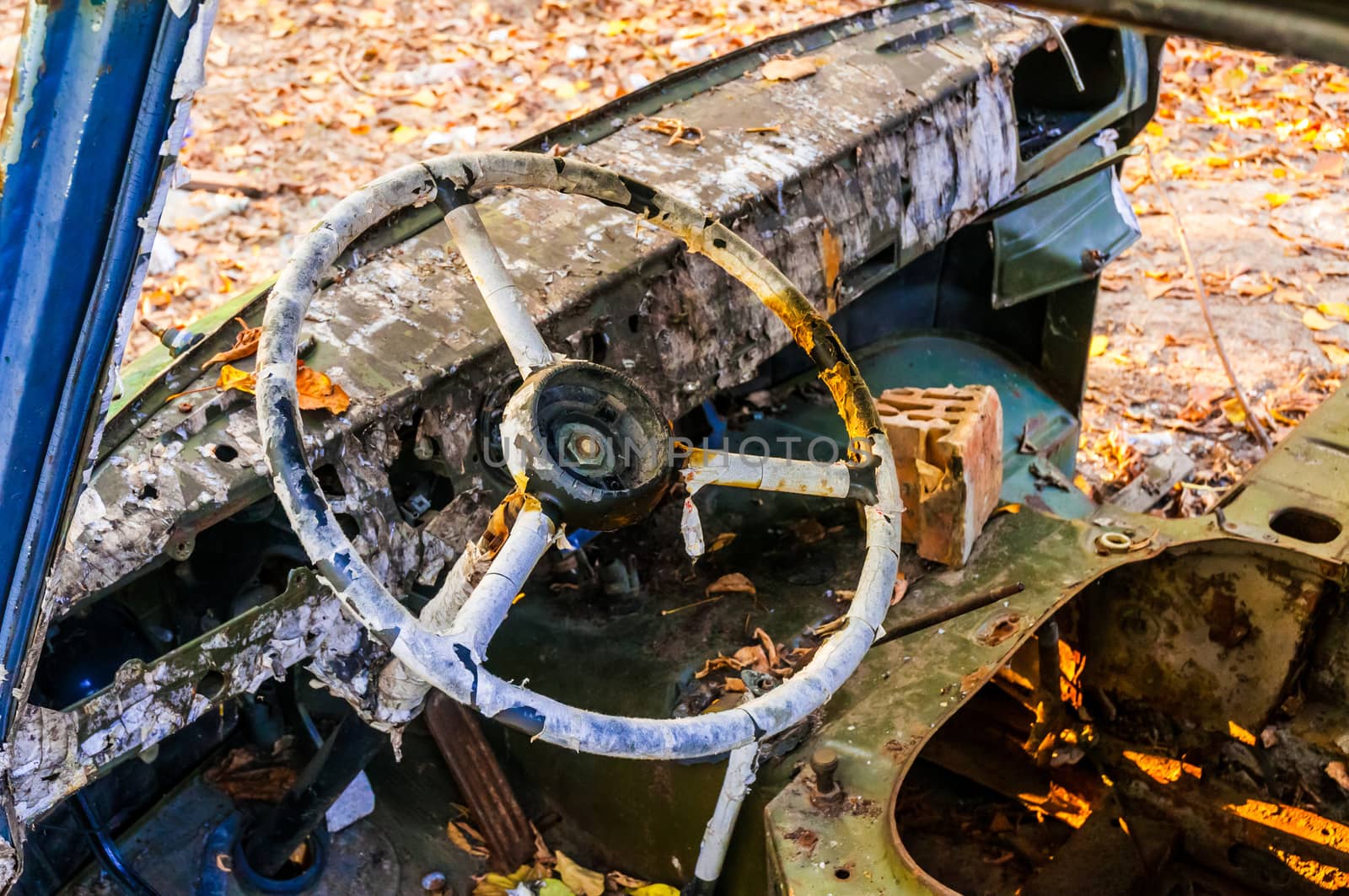 Steering wheel detail of an old abandoned truck