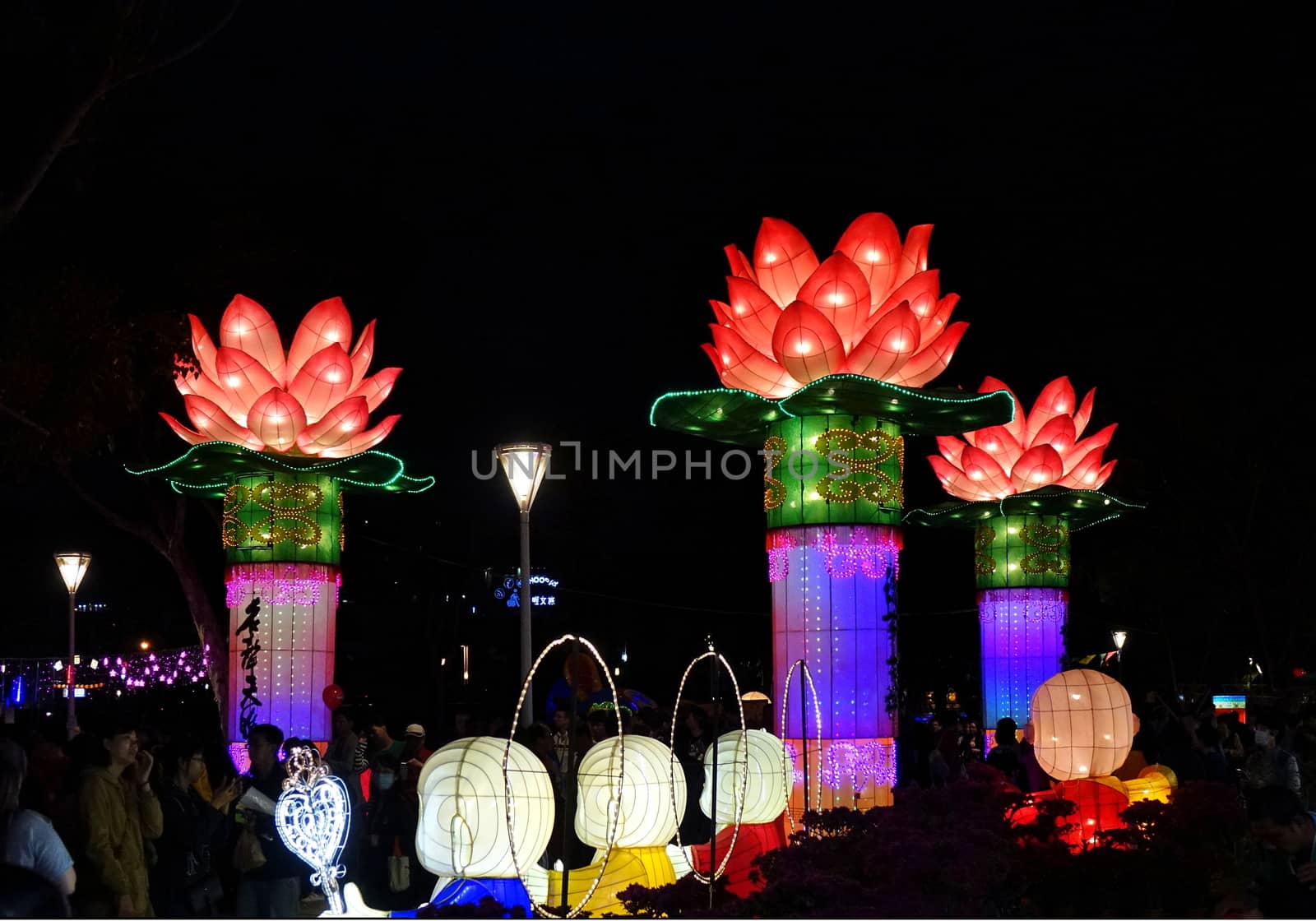 KAOHSIUNG, TAIWAN -- FEBRUARY 9, 2019: Large lanterns in the shape of the Buddhist symbol of the lotus flower are on display at the Lantern Festival.
