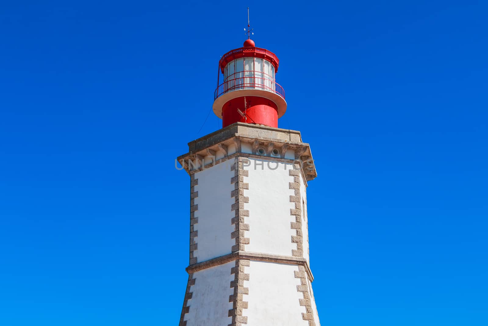 Sesimbra, Portugal - August 8, 2018: architectural detail of the Cape Espichel Lighthouse. Managed by the Portuguese National Maritime Authority, it entered service in 1790