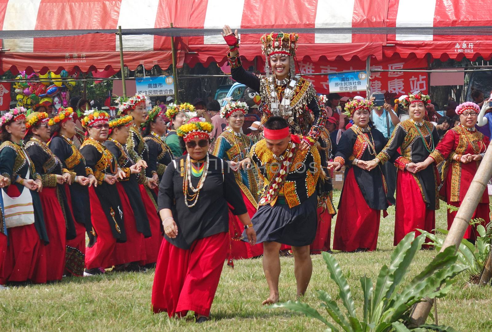 KAOHSIUNG, TAIWAN -- SEPTEMBER 28, 2019: Women of the indigenous Rukai tribe perform a dance during the traditional harvest festival.