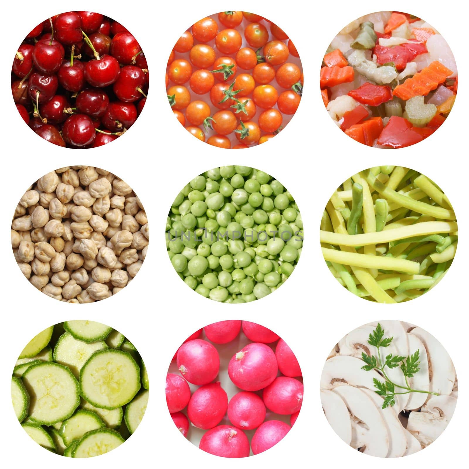 Vegetarian food collage: fruits, vegetables and mushrooms