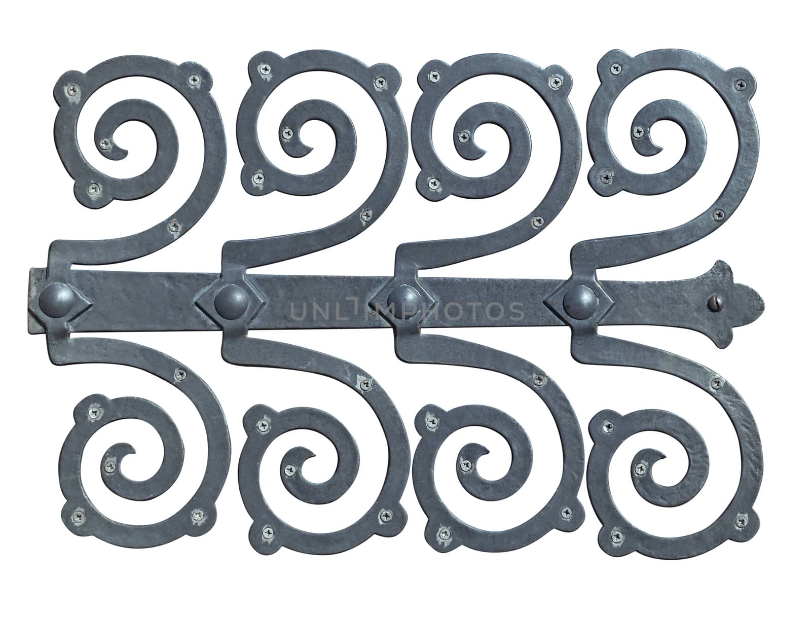 Decorative metal hinge isolated over white background