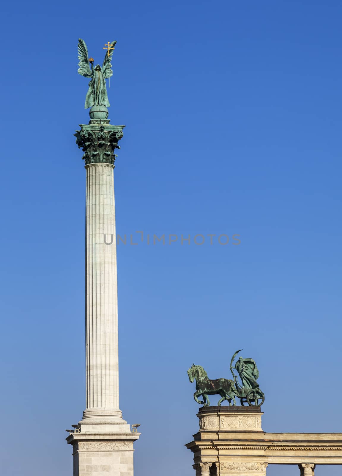 Statue of Archangel Gabriel on top of a column on Heroes' square, Budapest, Hungary