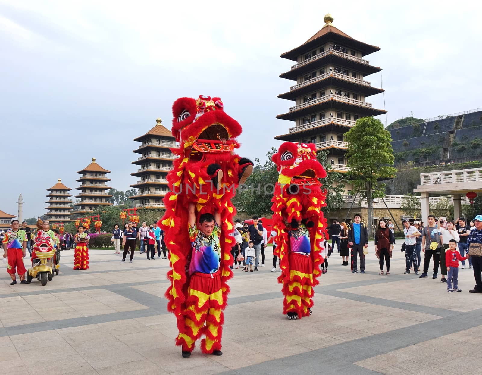 KAOHSIUNG, TAIWAN -- JANUARY 25, 2020: Traditional Chinese Lion dancers perform at the Fo Guang Shan Buddhist complex during Chinese New Year.
