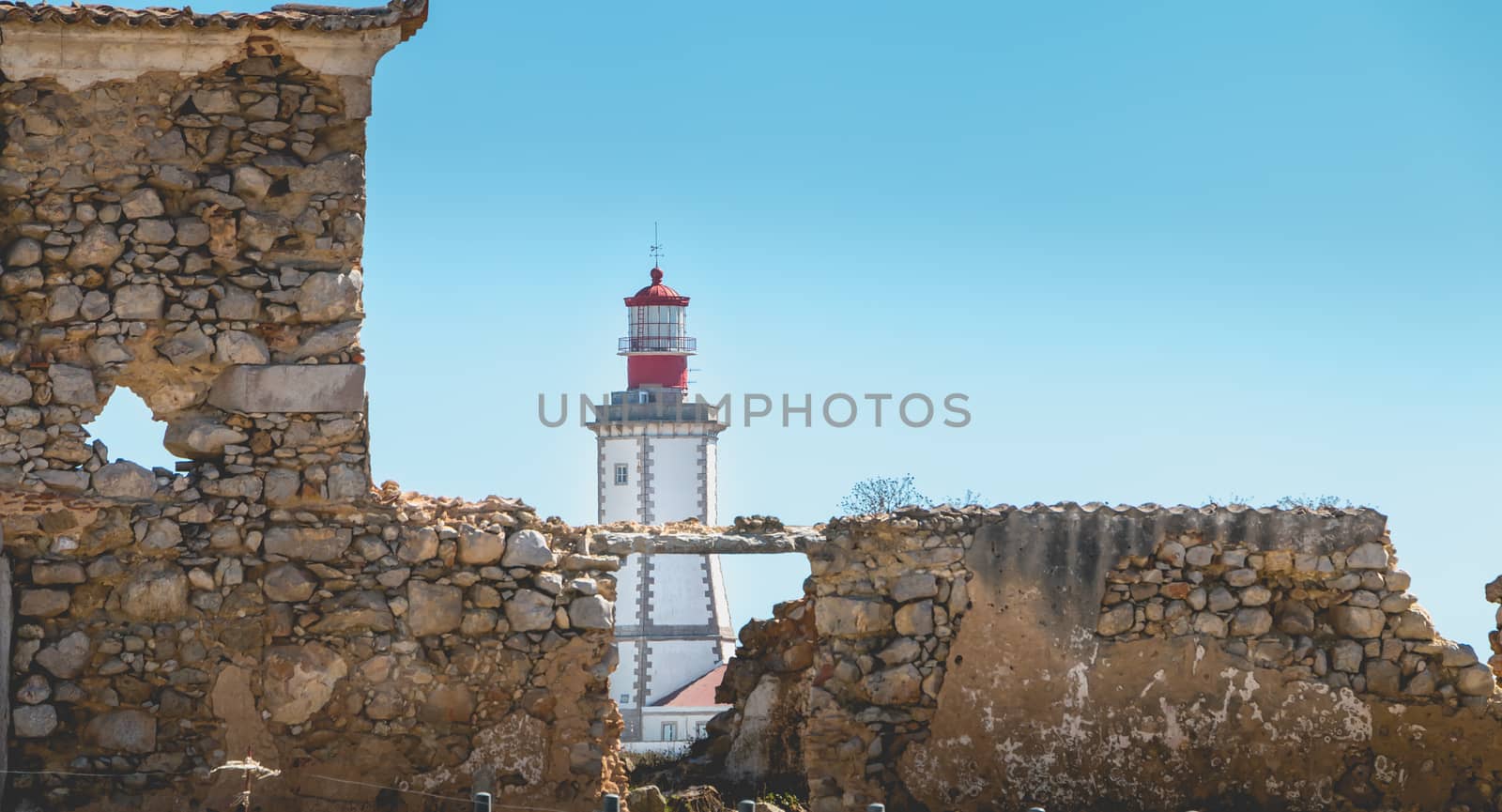 Sesimbra, Portugal - August 8, 2018: architectural detail of the Cape Espichel Lighthouse. Managed by the Portuguese National Maritime Authority, it entered service in 1790