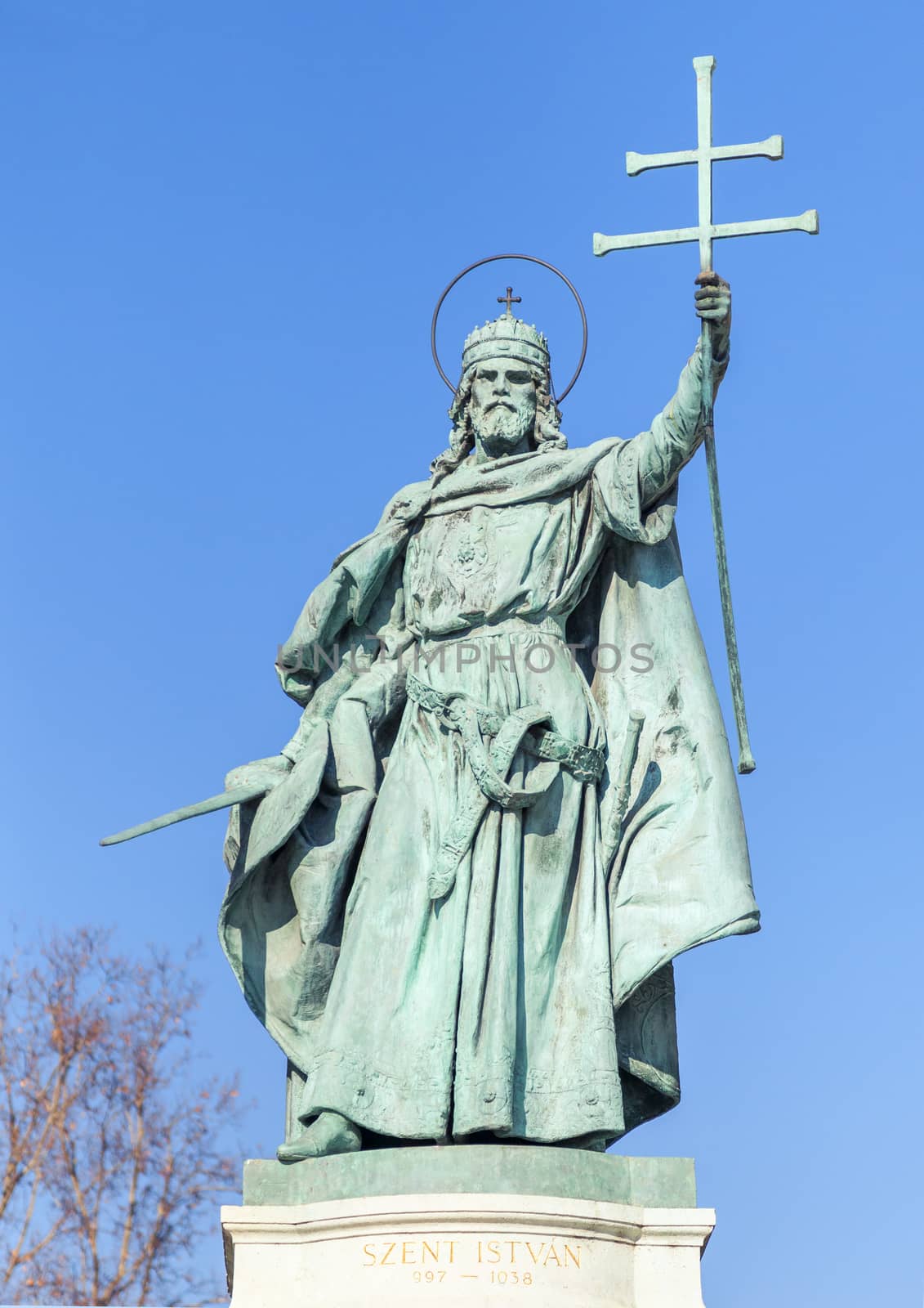 Budapest, HUNGARY - FEBRUARY 15, 2015 - Statue of saint Istvan in Hero's Square, Budapest, Hungary