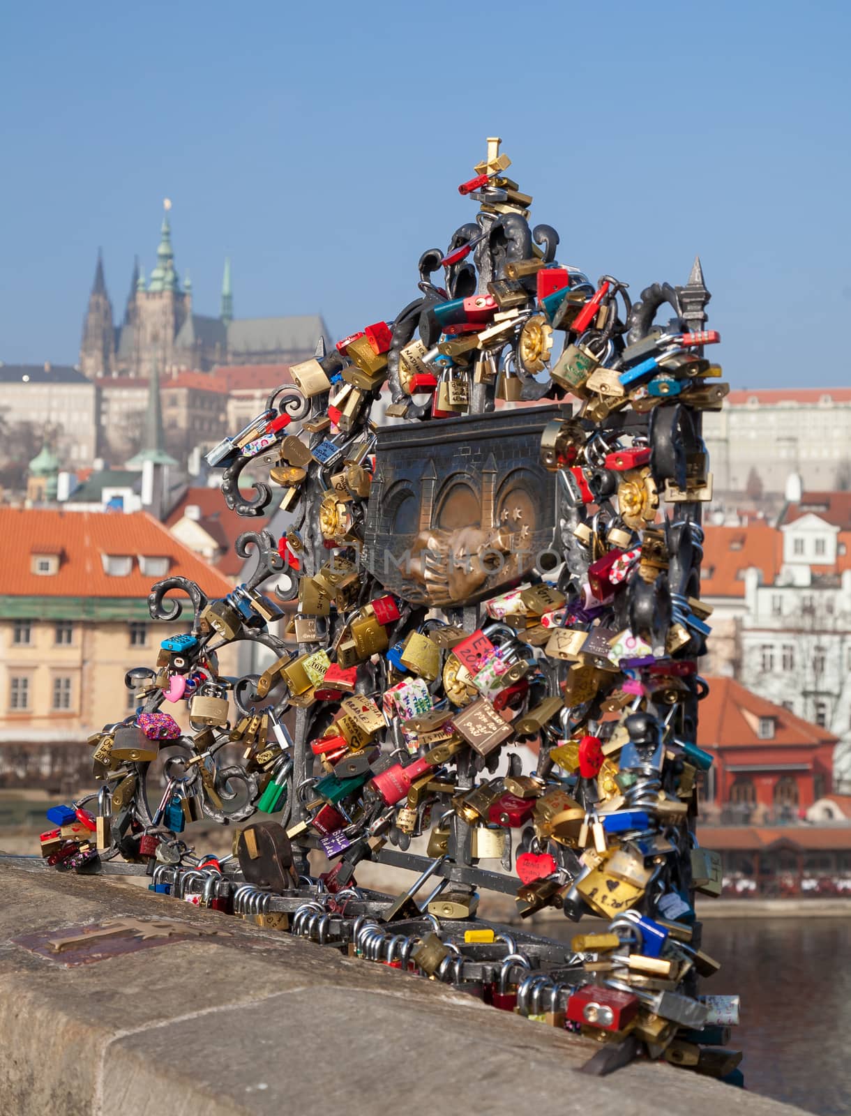 PRAGUE, CZECH REPUBLIC - FEBRUARY 19, 2015 - Plenty of love locks on the Charles Bridge