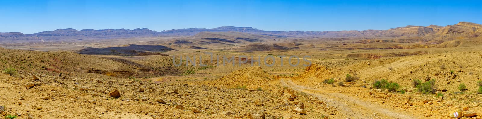 Panoramic landscape of HaMakhtesh HaGadol (the big crater). It is a geological erosional landform in the Negev desert, Southern Israel