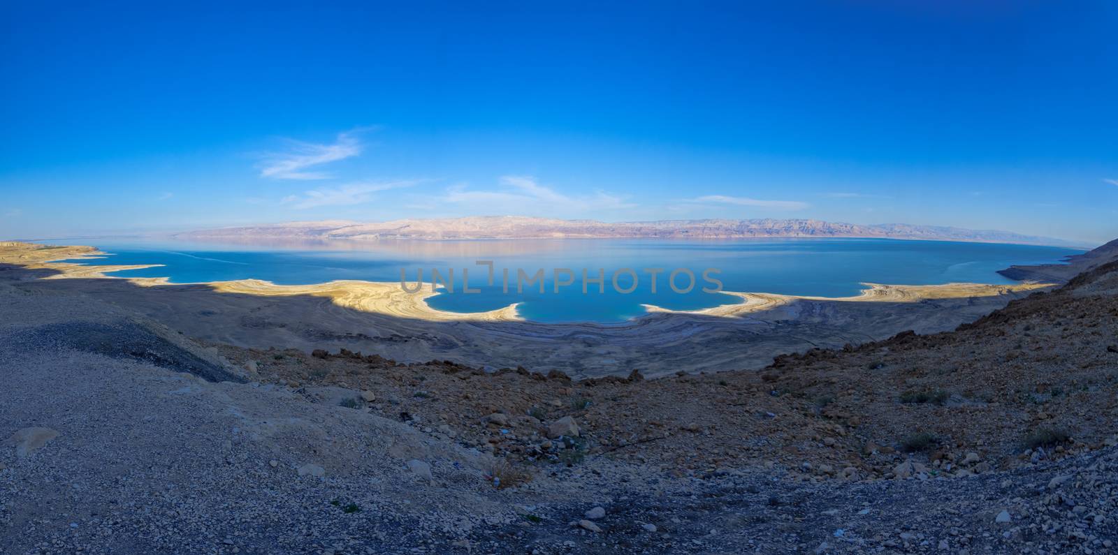 Panoramic landscape of the coastline of the Dead Sea by RnDmS