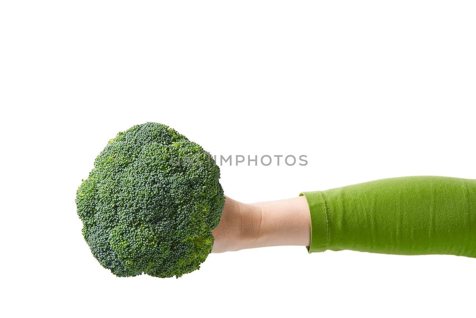 Fresh Organic Green Broccoli in Woman's Hand, Concept Healthy Food. Female Hand Holding Broccoli Isolated on White Background. by PhotoTime