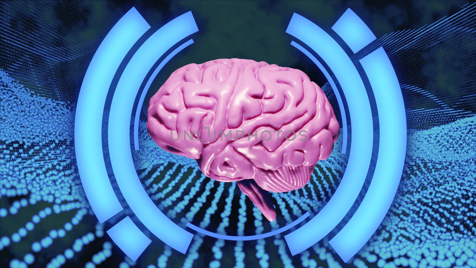 8K 3D rendered Realistic Brain with Light Pink tinted on Blue Abstract HUD and Particles field Background