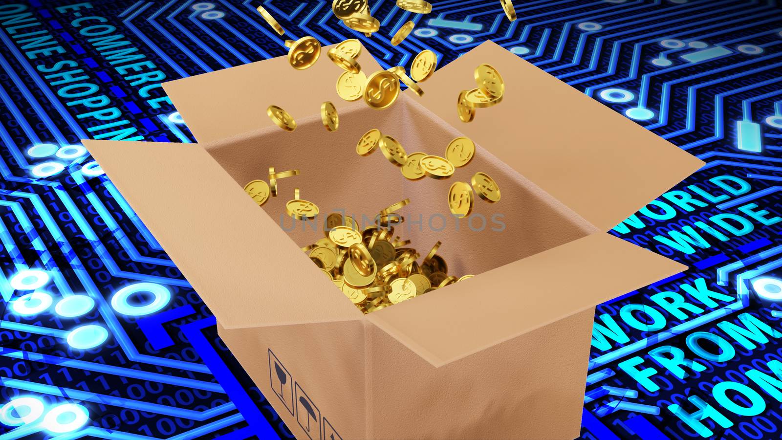 8K 3D Rendered a number of Golden Dollars Coins Falling into Brown Package on Circuit Board and Binary Code Background Still Image