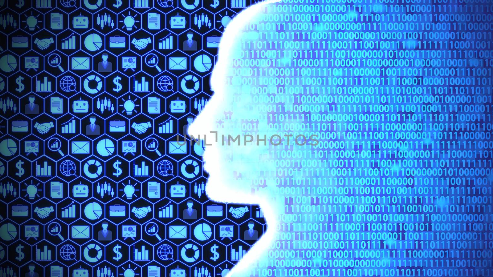8K Glowing AI Head Silhouette Computing and Thinking Business and Technology including Icon Set and Binary Code Background ver. 1 (full view)