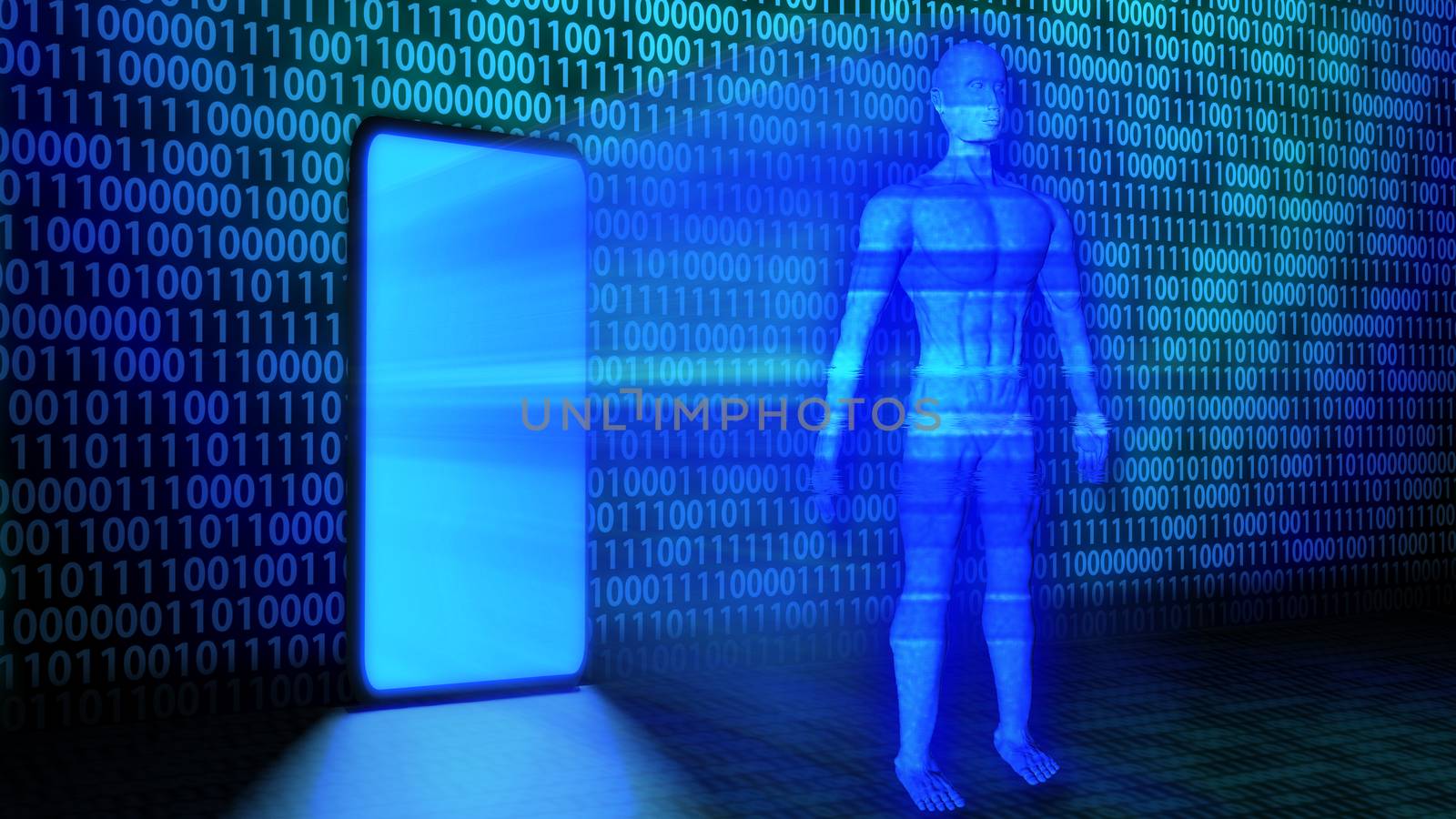 8K 3D Rendered AI/Human Hologram projected from Smartphone leaning against the wall with Randomized Binary Code Background in blue color