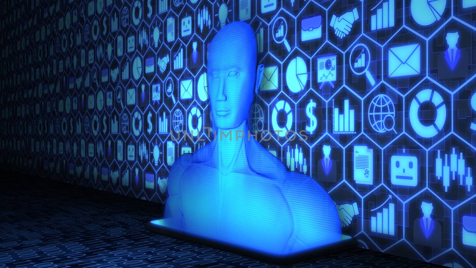 8K 3D Rendered AI/Human Hologram projected from Smartphone on the floor with Business and Technology icon set Background and Random Binary Code on the floor in blue color