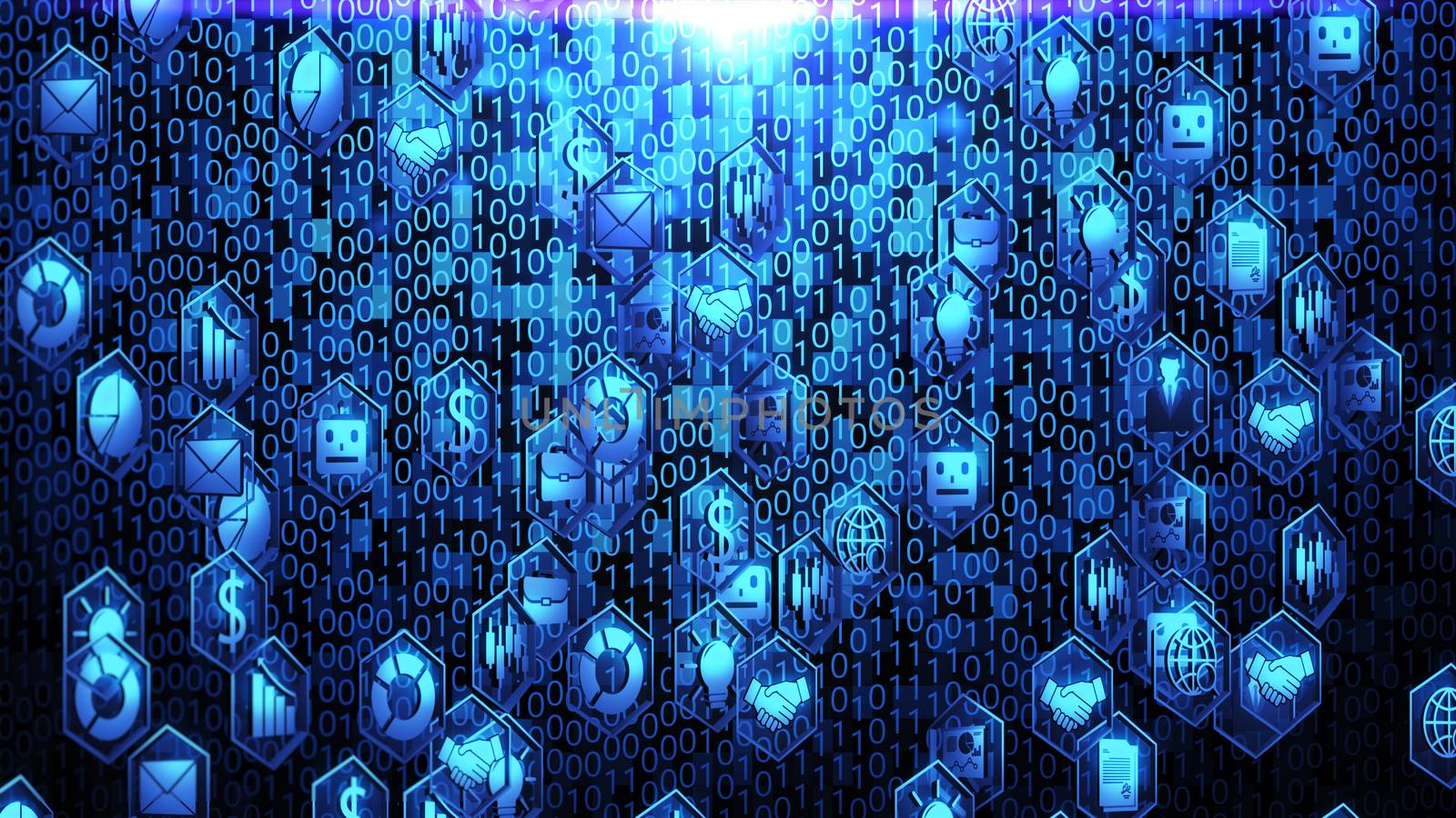 8K 3D Business and Technology Icons Spin in Hexagon Border and Hovering on The Random Binary Code Background with Blue Lighting ver. 1 (full view)