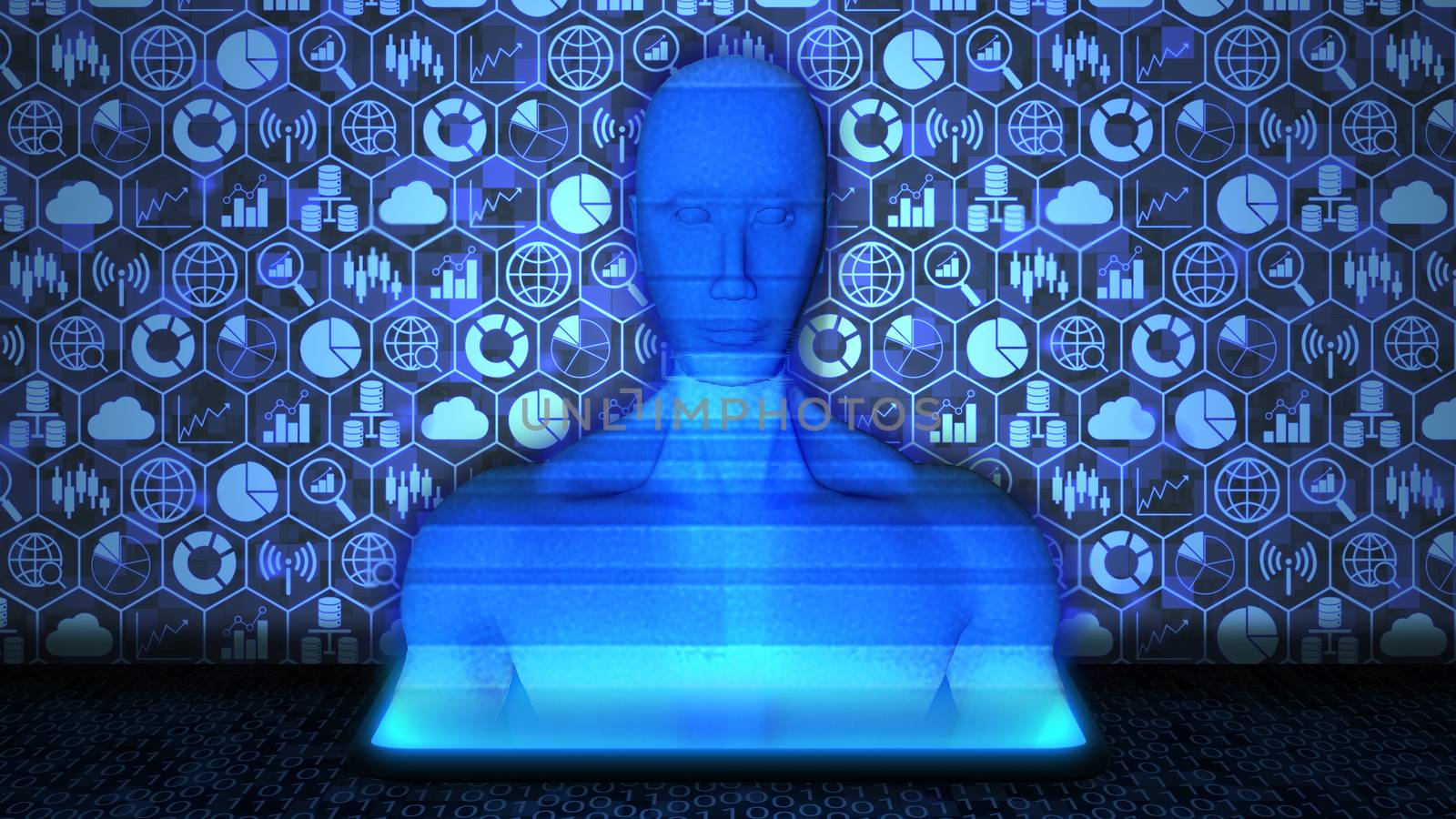 8K 3D Rendered AI/Human Hologram projected from Smartphone on the floor with Big Data Technology icon set Background and Random Binary Code on the floor in blue color