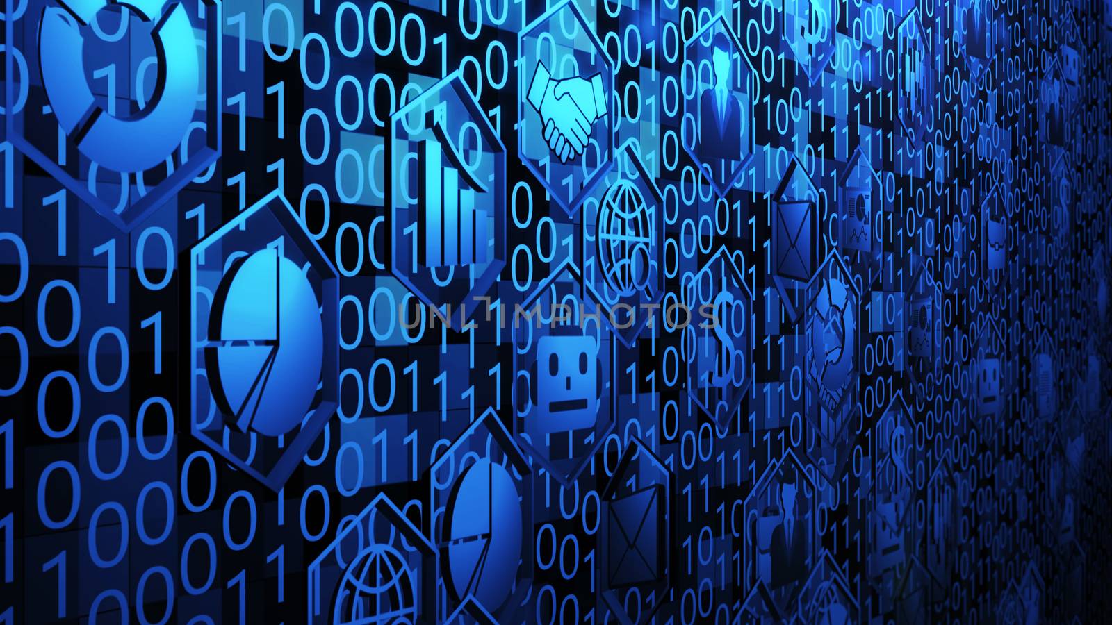 8K 3D Business and Technology Icons Spin in Hexagon Border and Hovering on The Random Binary Code Background with Blue Lighting ver. 2