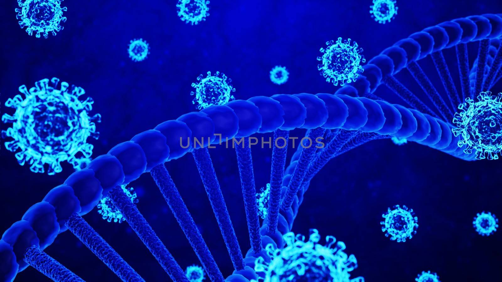 3D Rendering Coronavirus/COVID-19 and DNA Helix Models Rotating in Abstract Moving Blue Background and Particles Still Image by ariya23156