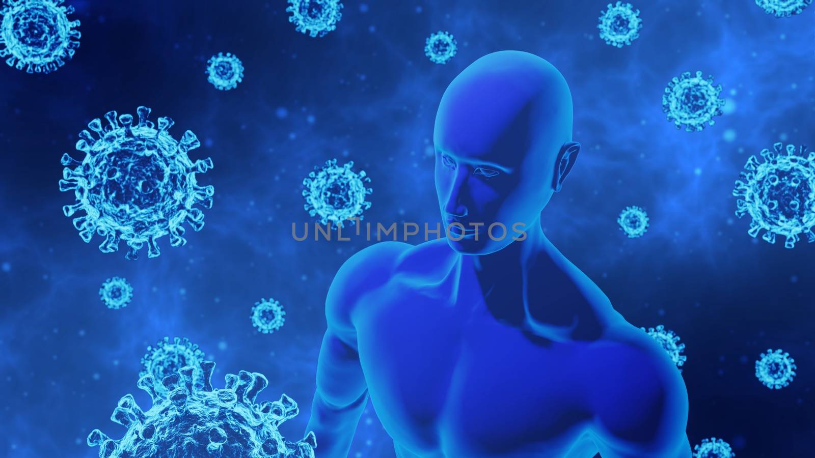3D Rendering Virus/COVID-19 and Human/AI Body Model in Abstract Blue Background Still Image