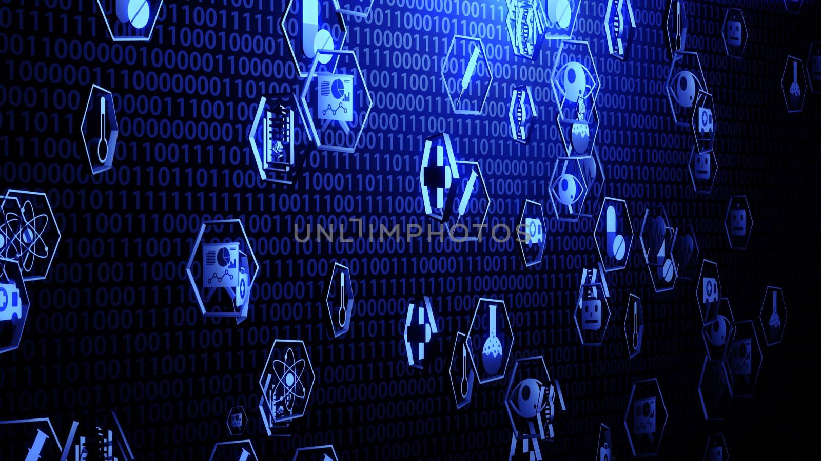 3D Medical Technology Icon Set in Hexagon Border Hovering on The Random Binary Code Background with Blue Lighting Ver.2