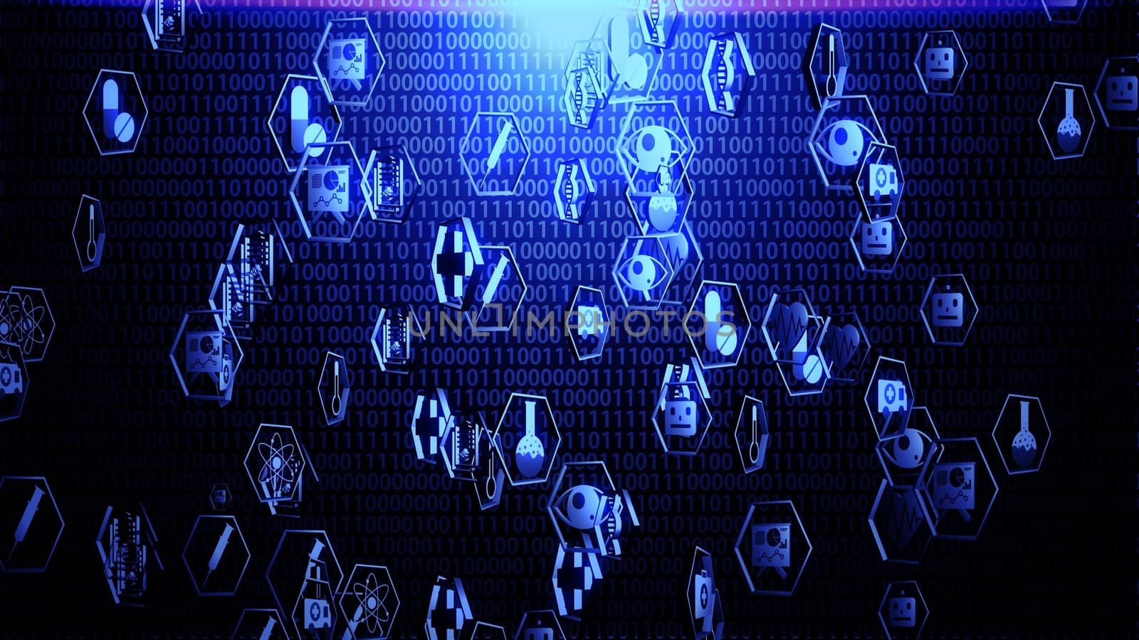 3D Medical Technology Icon Set in Hexagon Border Hovering on The Random Binary Code Background with Blue Lighting Ver.1 (Full Screen)