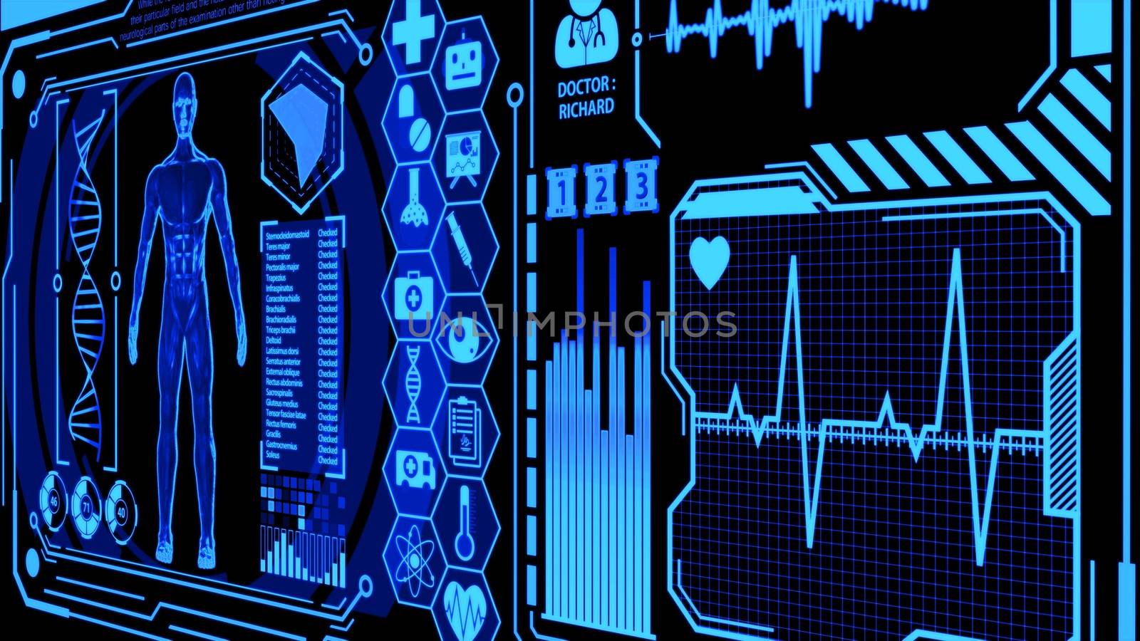 3D Human Model Rendering Rotating in Medical Futuristic HUD Display Screen including Icon sets, Digital Brain Scan, Heart Wave and more with Blue Color Still Image Ver.3