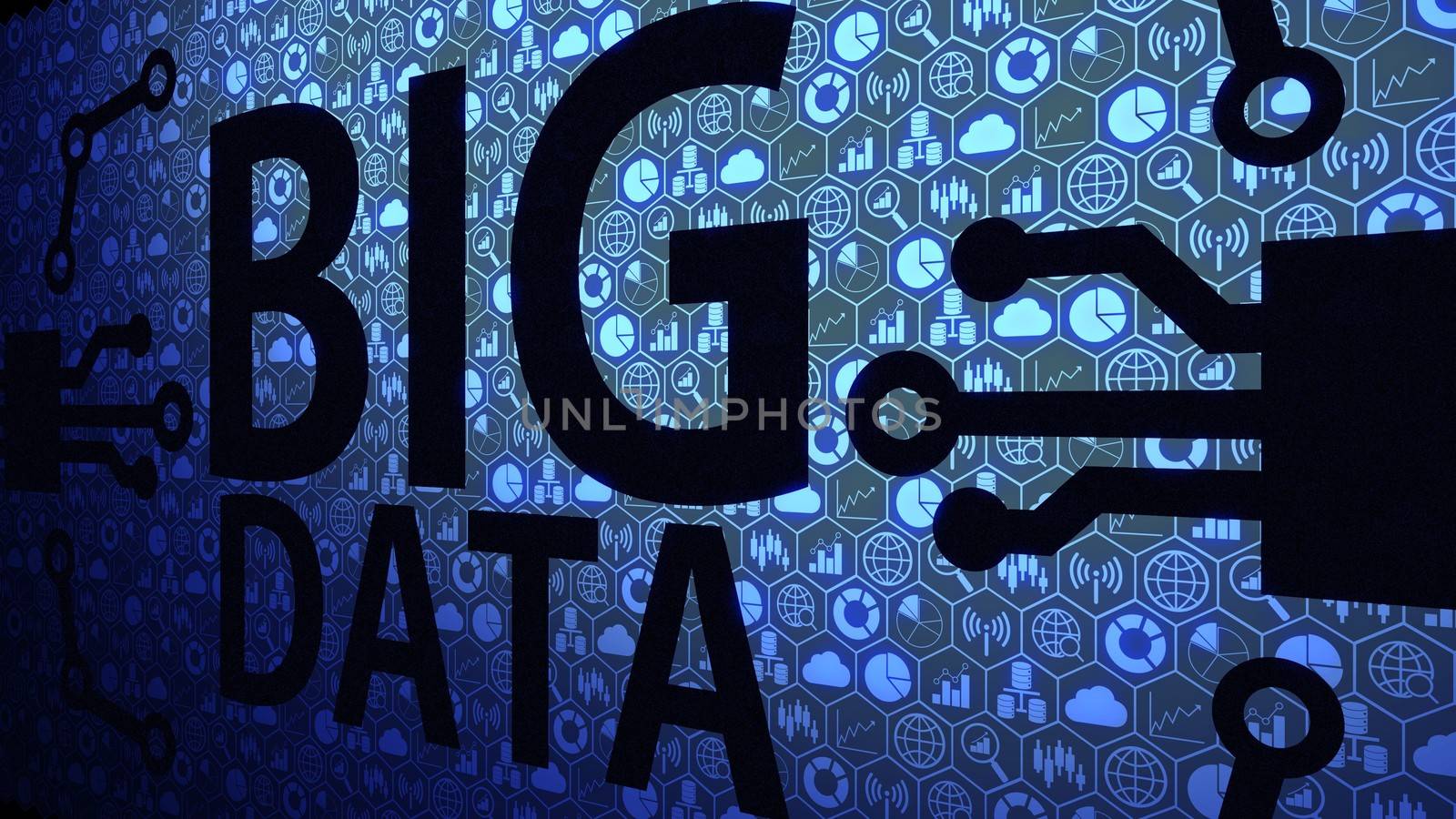 Big Data Big Picture Background Composed of Big Data Icons and Big Data Text with Blue Light Ver.4 of 4 (Different Angle)