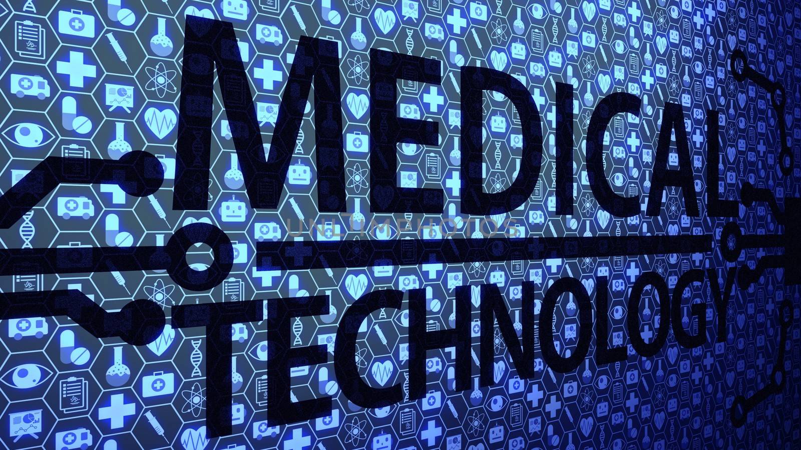 Medical Technology Big Picture Background HUD Composed of Icons Set with Blue Light Ver.3 of 4 (Different Angle)