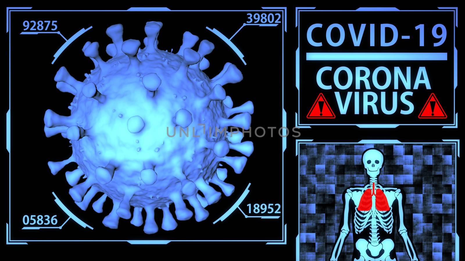 Coronavirus/Covid-19 3D Model in Futuristic Digital Medical HUD with Body Scanning details Background