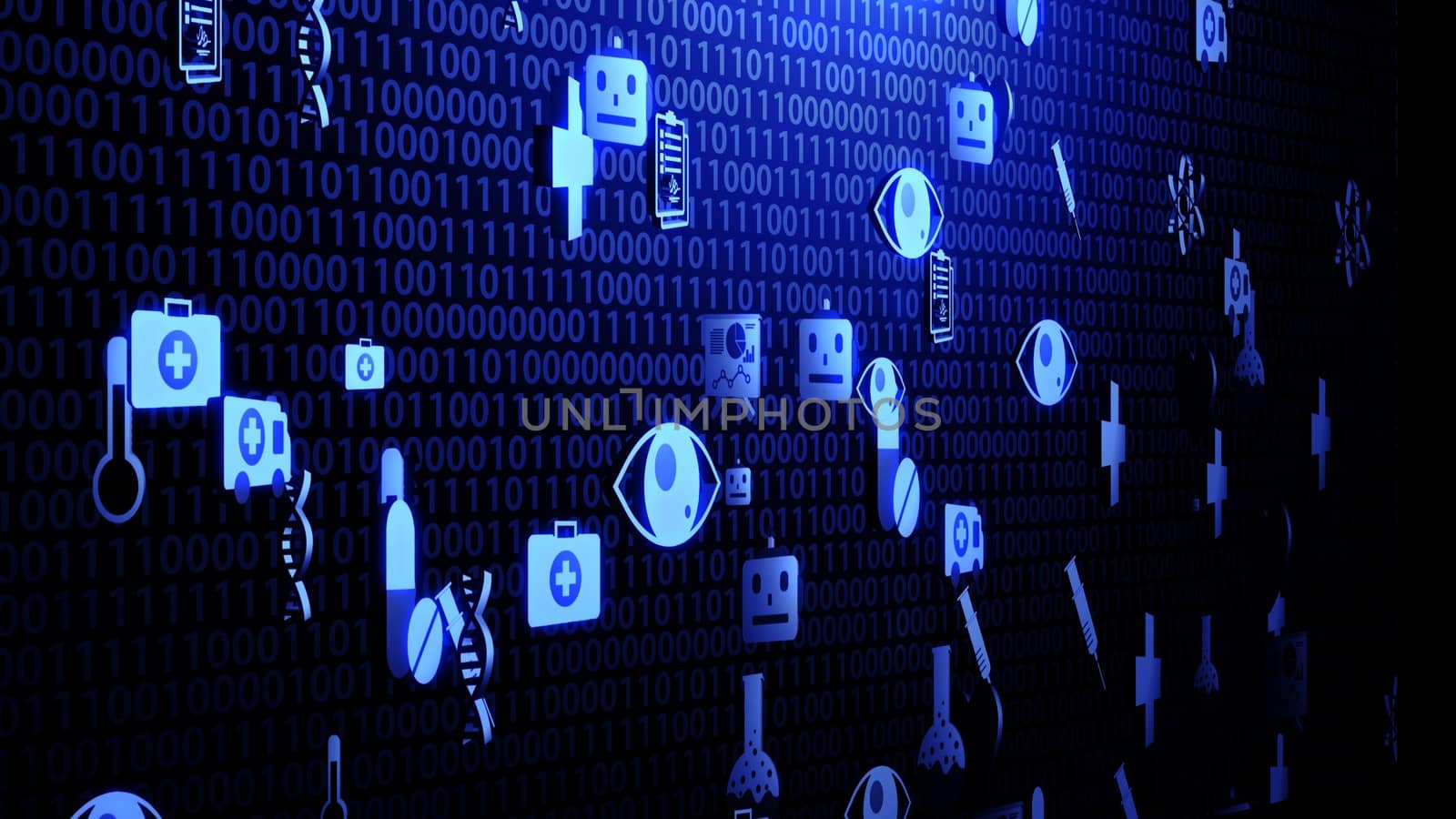 3D Medical Technology Icon Set Hovering on The Random Binary Code Background with Blue Lighting Ver.2