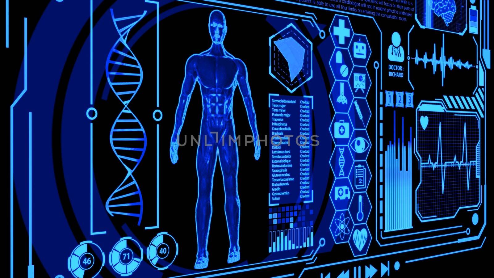 3D Human Model Rendering Rotating in Medical Futuristic HUD Display Screen including Icon sets, Digital Brain Scan, Heart Wave and more with Blue Color Still Image Ver.2