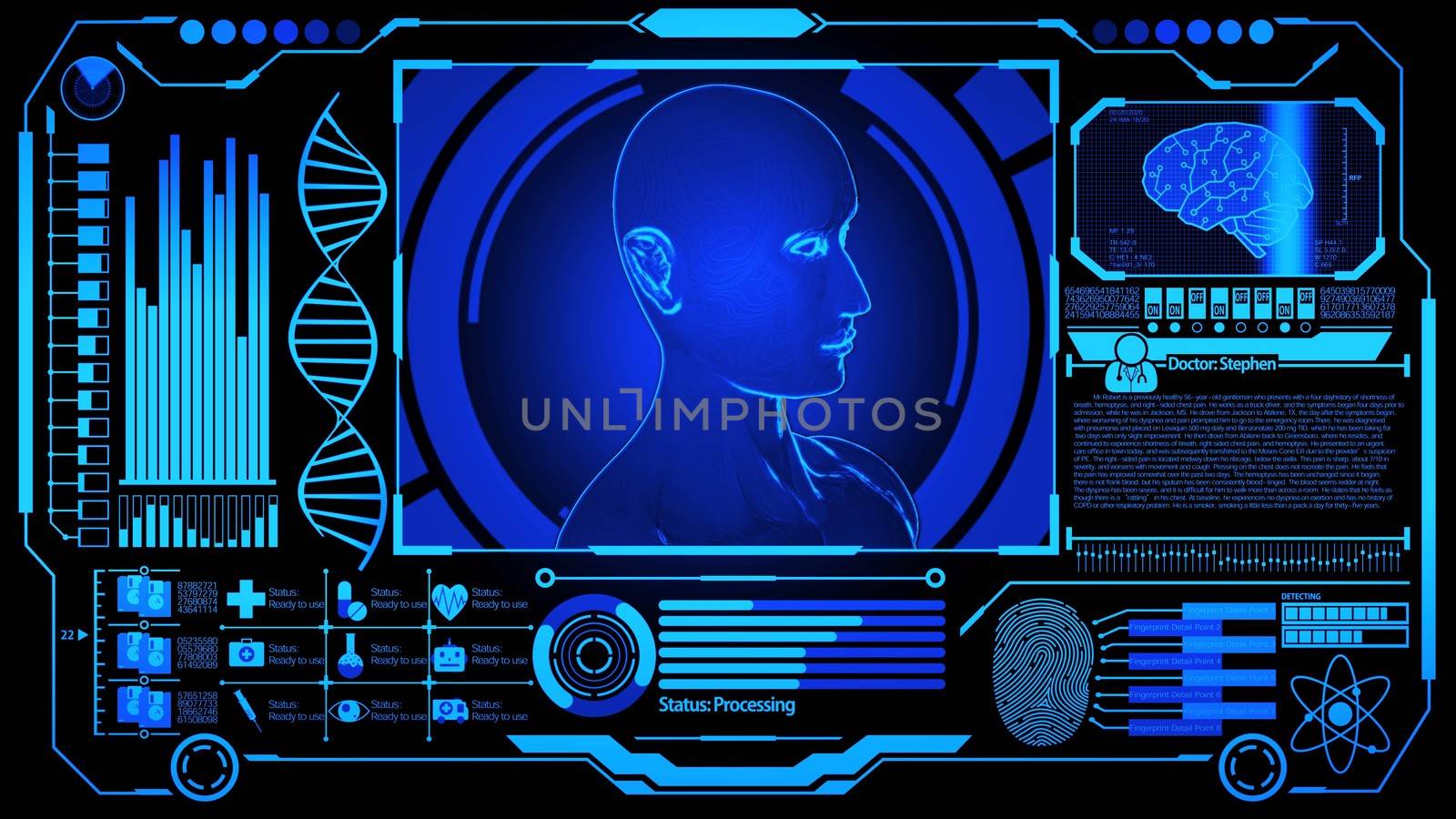 3D Human Head Model Rendering Rotating in Medical Futuristic HUD Display Screen including DNA, Digital Brain Scan, Fingerprint and more with Blue Color Still Image Ver.1 (Full screen)