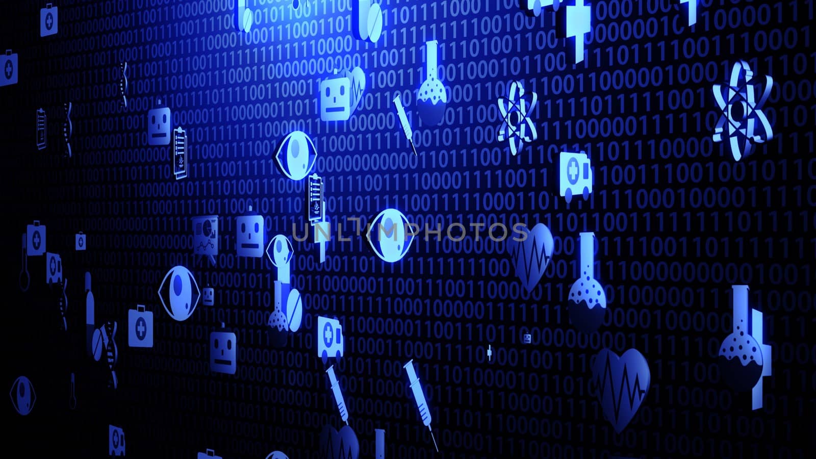 3D Medical Technology Icon Set Hovering on The Random Binary Code Background with Blue Lighting Ver.3