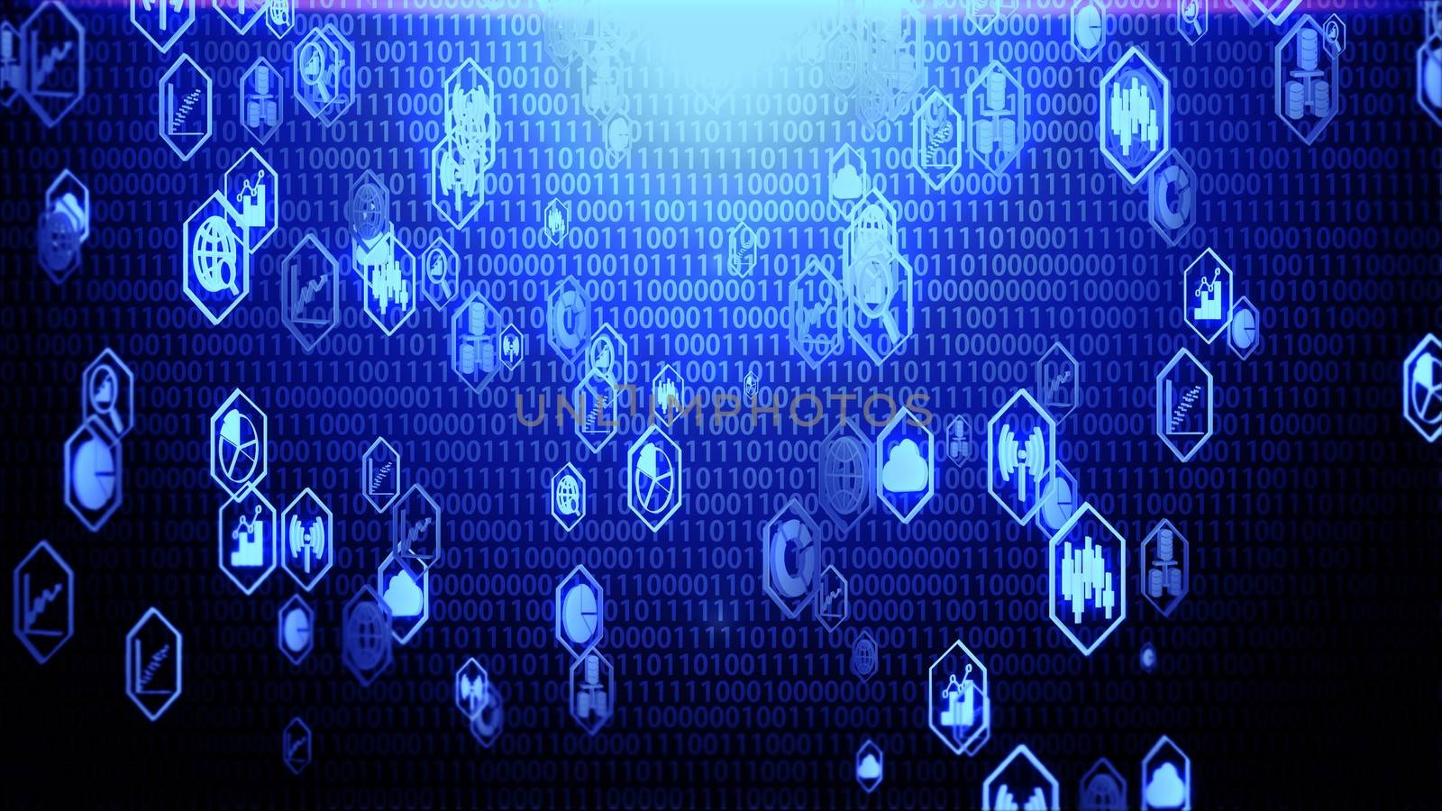 3D Big Data Icon Set in Hexagon Border Hovering on The Randoming Binary Code Background with Blue Lighting by ariya23156