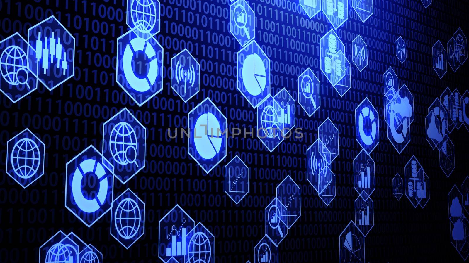 Big Data Icon Set in Hexagon Border Hovering on The Randoming Binary Code Background with Blue Lighting ver.2 by ariya23156