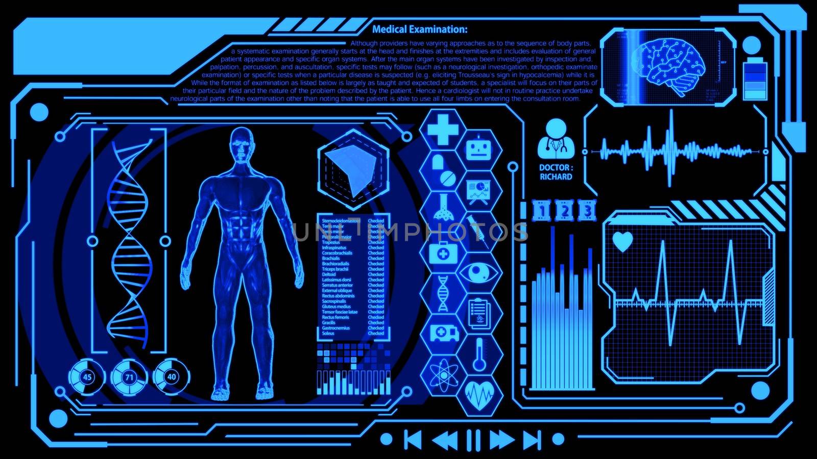 3D Human Model Rendering Rotating in Medical Futuristic HUD Display Screen including Icon sets, Digital Brain Scan, Heart Wave and more with Blue Color Still Image Ver.1 (Full Screen)