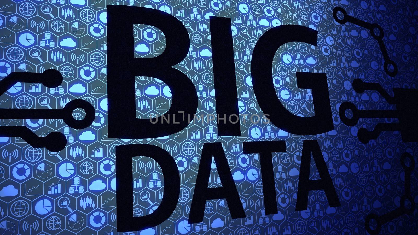 Big Data Big Picture Background Composed of Big Data Icons and Big Data Text with Blue Light Ver.3 of 4 (Different Angle)