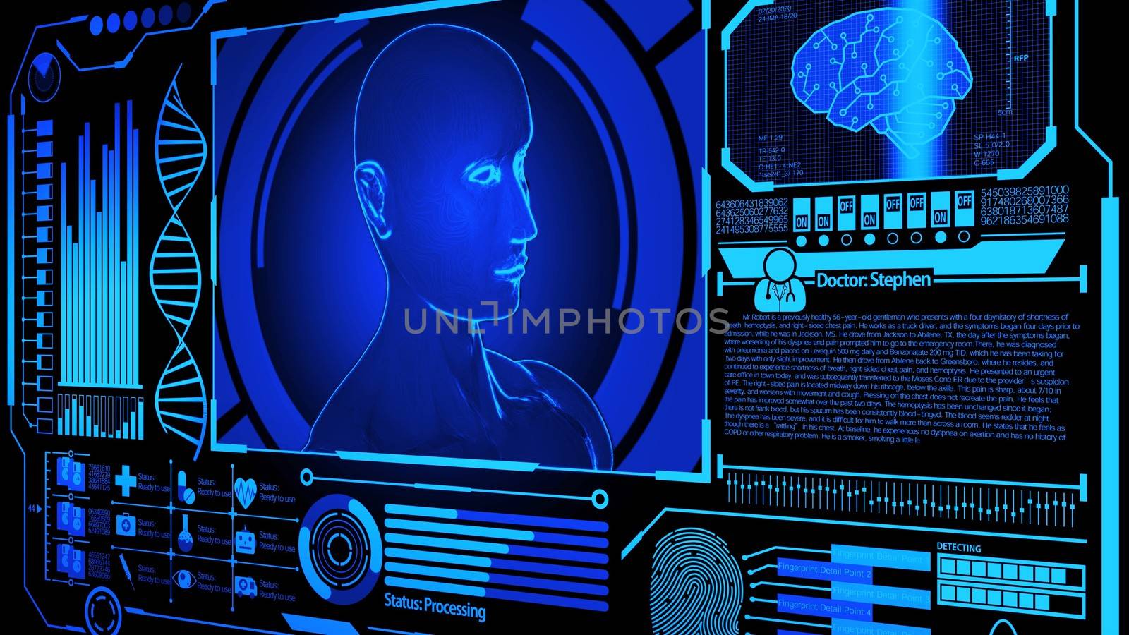 3D Human Head Model Rendering Rotating in Medical Futuristic HUD Display Screen including DNA, Digital Brain Scan, Fingerprint and more with Blue Color Still Image Ver.3