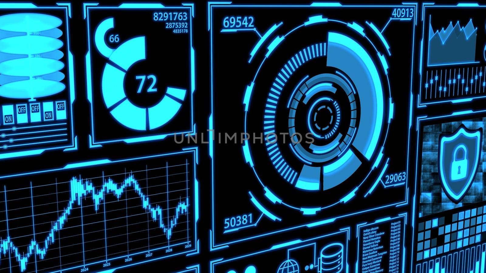Data Transfer, Transmission and Digital Transformation Screen HUD with Details in Blue color theme including Digital elements Ver.2 (Different angle)