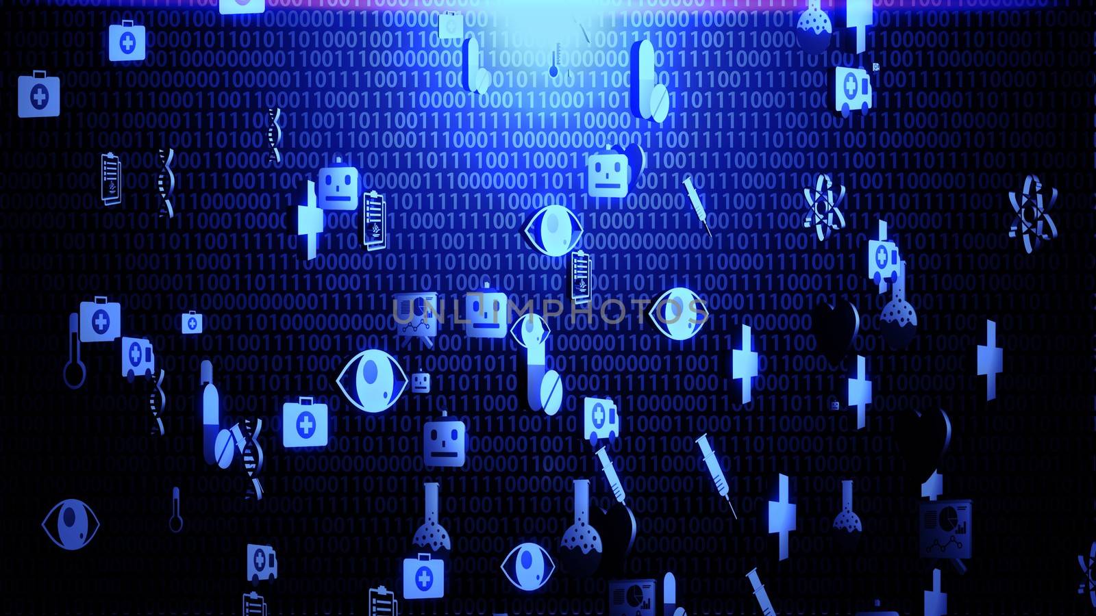 3D Medical Technology Icon Set Hovering on The Random Binary Code Background with Blue Lighting Ver.1 (Full Screen)