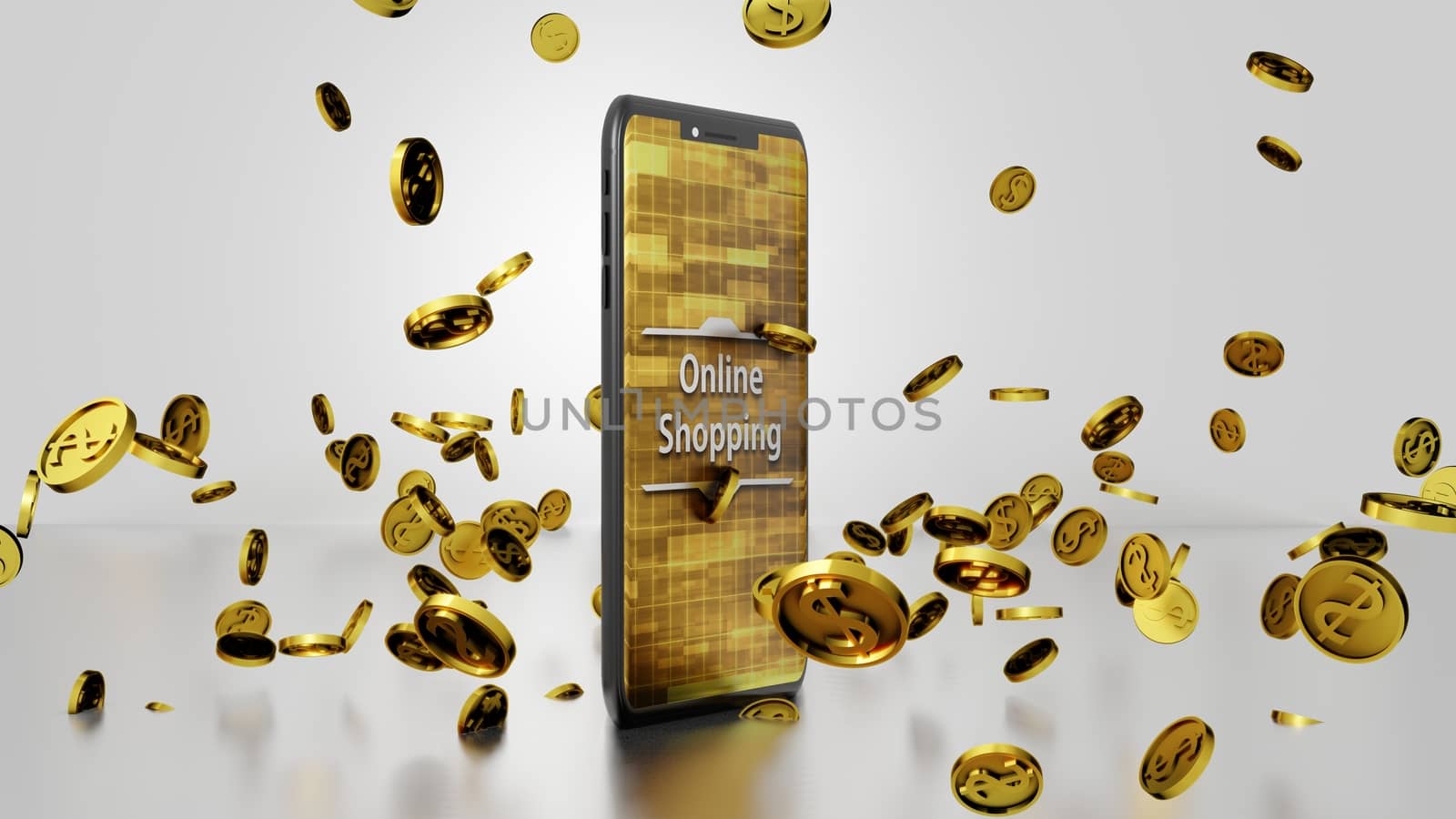 8K Online Shopping 3D render Smartphone and Golden Dollar Coins Falling and Bouncing on the Floor with Abstract Digital Display on the Screen Ver.3