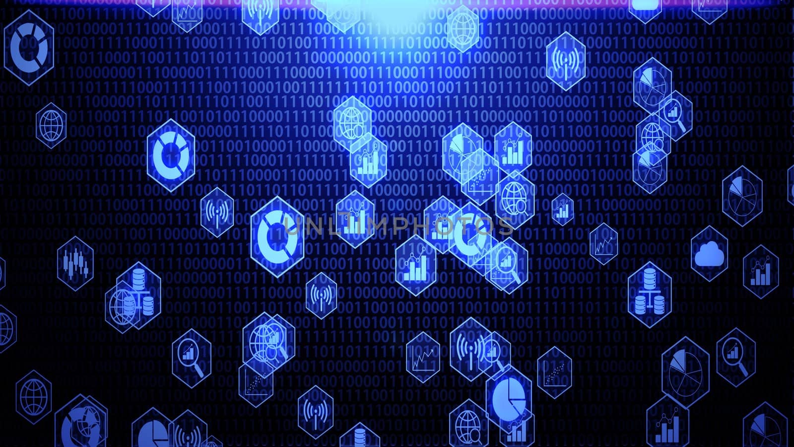 Big Data Icon Set in Hexagon Border Hovering on The Randoming Binary Code Background with Blue Lighting ver.1 (full screen)