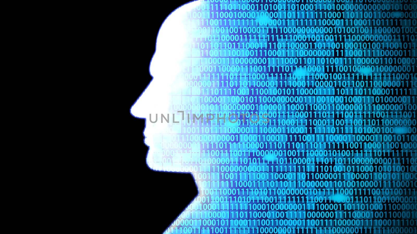 AI Head Computing and Thinking Technology HUD including Binary Code in Black Background