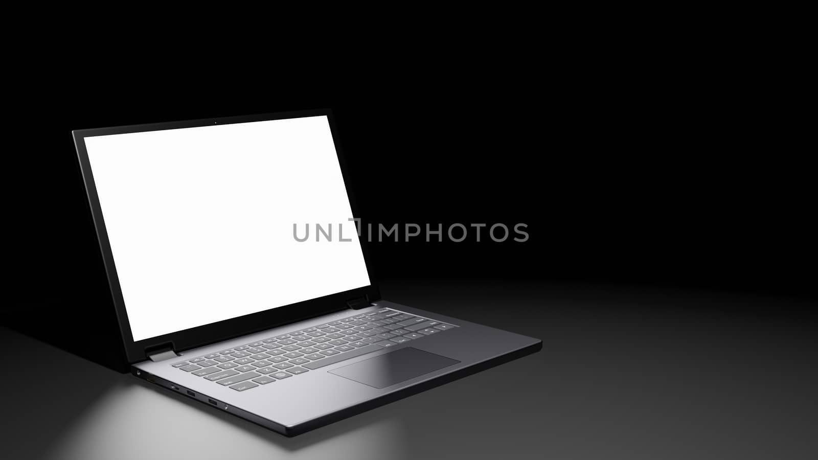 8K 3D rendered isolated Opened Laptop with Blank Screen Display on the floor in the Dark room with one light source (left side)