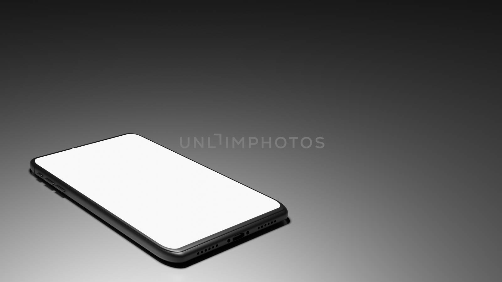 8K 3D Rendered Isolated Smartphone on the Floor in the Dark Room with One Light Source and Screen turn on (Left side)